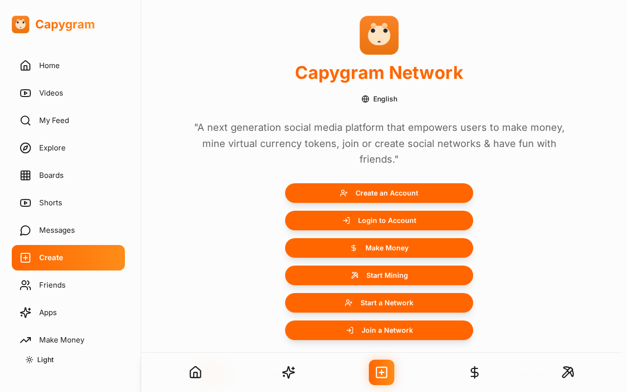 Screenshot of the Capygram Network home screen showing Create an Account, Make Money, Start Mining and Start a Network actions