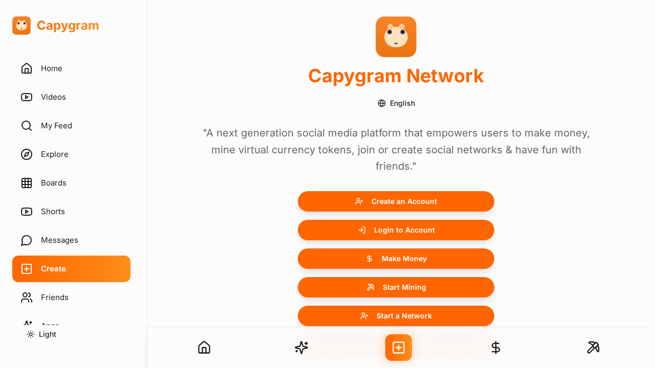 Screenshot of the Capygram Network home screen showing the sidebar navigation and account, mining and network actions