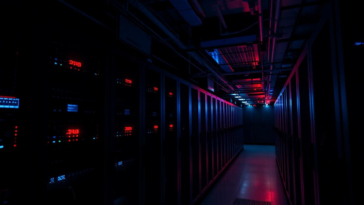 Rows of servers in a dark data centre lit by blue and red status lights