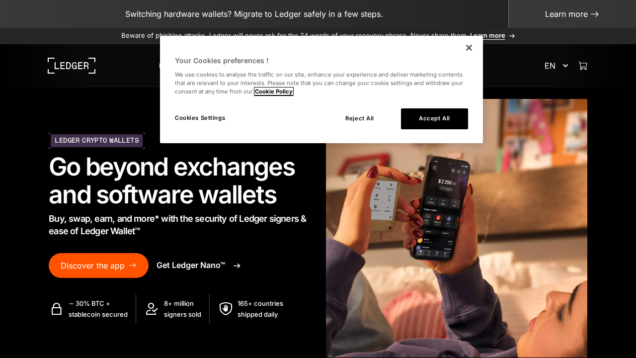 Screenshot of the Ledger website home page presenting its hardware wallet range