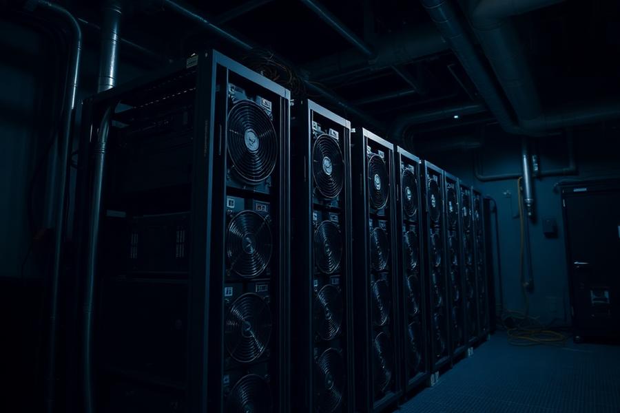 Rows of bitcoin mining machines in a dark industrial facility