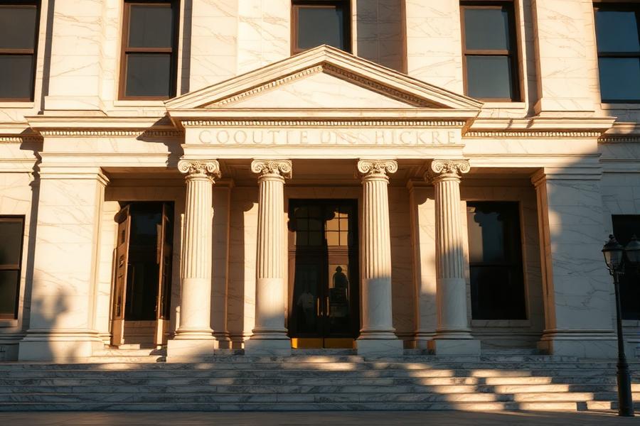 Marble courthouse facade with columns in sharp afternoon light