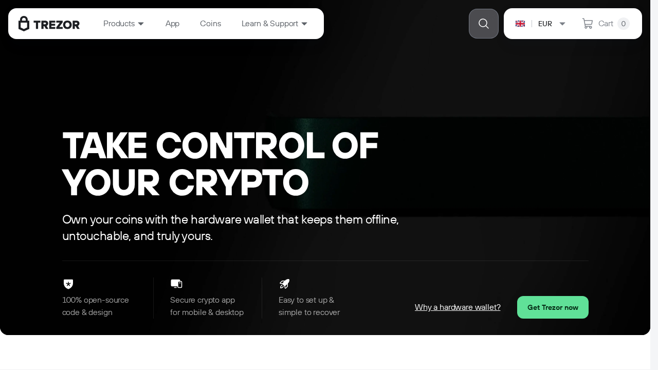 Screenshot of the Trezor website home page showing its hardware wallet products